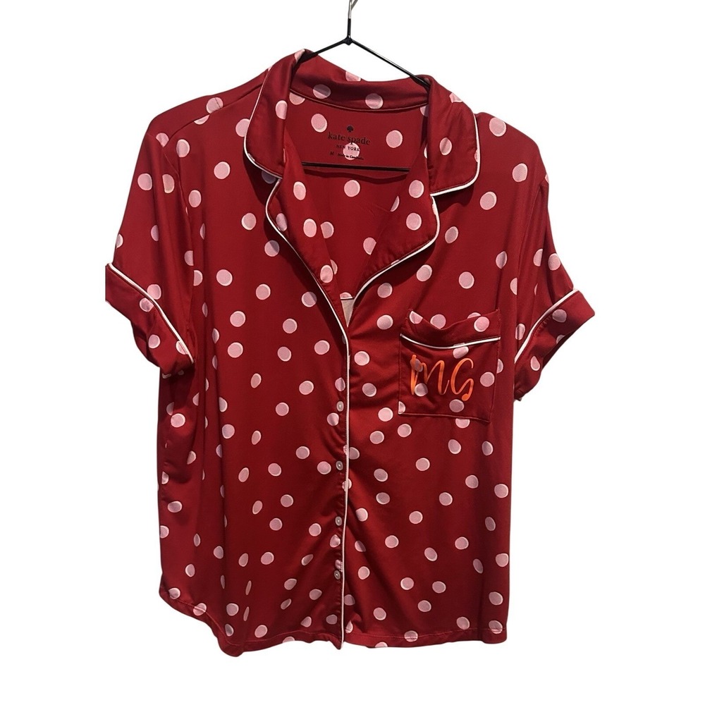 Kate Spade Red/Pink/White SHADOW DOTS Flannel Twill Pajama/Lounge Set L - Picture 2 of 6